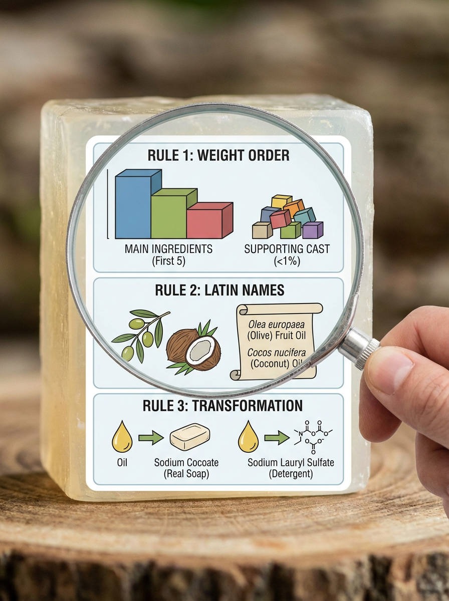 A realistic product photo of a large bar of translucent natural soap resting on a wooden tree stump. A hand holds a magnifying glass over an attached educational infographic titled with three rules for reading soap ingredient labels. Rule 1: Weight Order – A bar chart shows large colored blocks labeled “MAIN INGREDIENTS (First 5)” followed by smaller scattered cubes labeled “SUPPORTING CAST (<1%)”. Rule 2: Latin Names – Illustrations of an olive branch and a coconut appear beside a scroll listing Olea europaea (Olive) Fruit Oil and Cocos nucifera (Coconut) Oil. Rule 3: Transformation – Two diagrams compare oil turning into a soap bar labeled “Sodium Cocoate (Real Soap)” versus oil turning into a chemical structure labeled “Sodium Lauryl Sulfate (Detergent)”. The clean, informative graphic is designed to help consumers understand real soap vs. detergent ingredients.